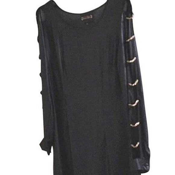 Sarah Boo Mini Dress Sz S Black Tunic Modern Cut Out Chains Glam Punk Goth City - Picture 6 of 15
